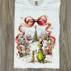 Comfort Colors White Tee with cute grinch and max looking at whoville